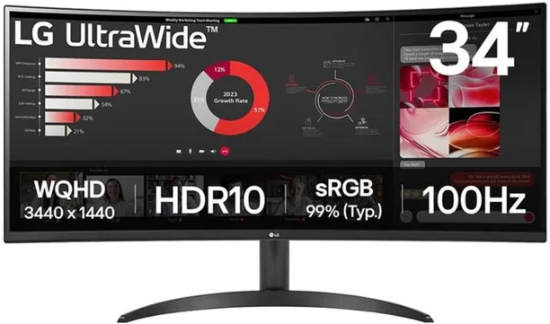The LG 34WR50QK features a 34-inch curved UltraWide QHD