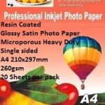 E-Box Resin Coated Glossy Satin Photo Paper- Microporous Heavy Duty Single sided A4 210x297mm-260gsm-20 Sheets per pack