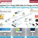 Promate linkMate-trio Integrated 3 in 1 Smart USB Cable for Charge and Sync Lightning, 30 Pin and Micro-USB - 1 Meter - White